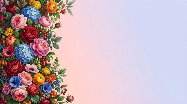Colorful garden flower border on soft gradient backdrop