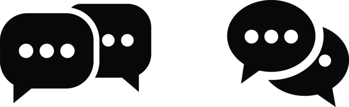 Two black speech bubbles with white dots, representing conversation chat communication dialogue