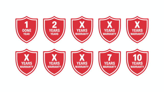 Red shield warranty badges showing 1 year to 10 years warranty duration
