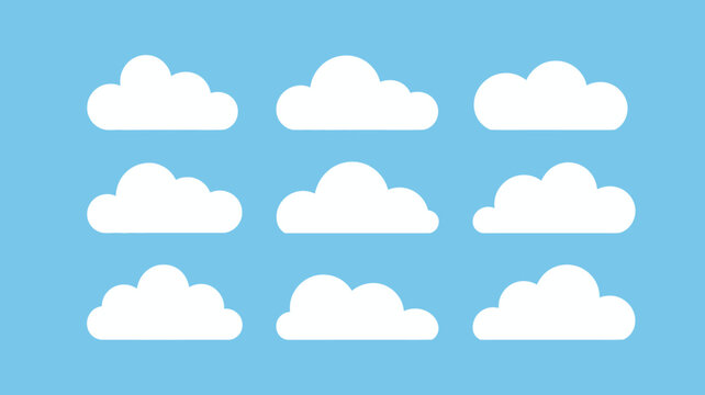 Nine fluffy white clouds arranged neatly on a light blue sky background