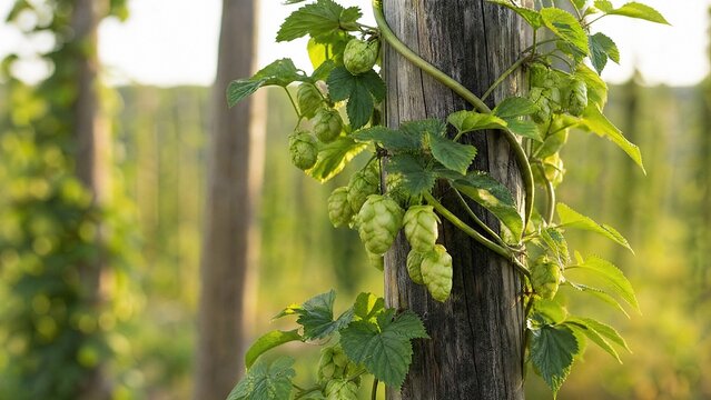 bine. Hops vine with soft stems twining around a weathered wooden stake, green leaves, morning light. gardening catalogs, home-decor guides, designed for home decor and floral branding.