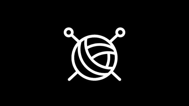 Simple white icon of a ball of yarn with knitting needles on a black background