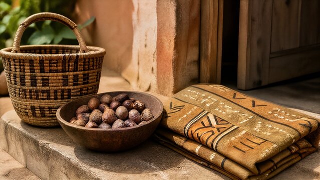 shea. Mud cloth fabric with shea nuts and woven basket, West African craft and natural decor. event programs, museum guides, designed for cultural heritage projects and event programs.