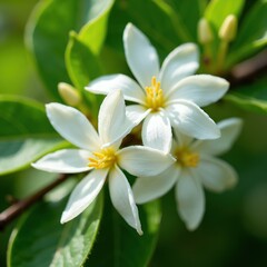 Fototapeta premium White jasmine flowers bloom on branch. Delicate petals with yellow stamens open on green leaves background. Natural summer plant detail, fresh garden bloom.