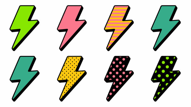 Set of eight colorful lightning bolt icons in various styles and patterns