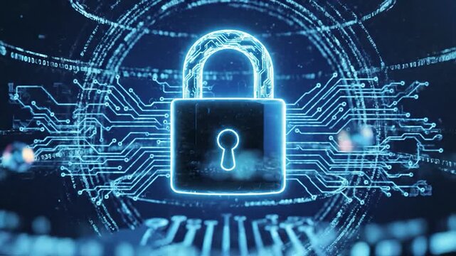 Cybersecurity padlock glowing on digital circuit board background with abstract data nodes and futuristic technology elements