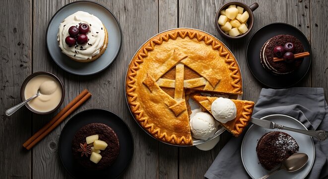 Delicious assorted desserts on plates and bowls on wooden table