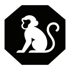 Minimalist silhouette icon of a monkey sitting inside an octagon shape. © wankbay