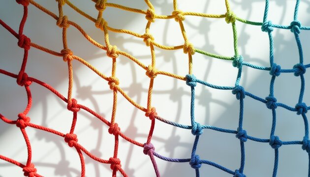Colorful woven rope net with square openings. Rainbow colored threads form grid pattern casting shadows on white surface. Bright abstract background.