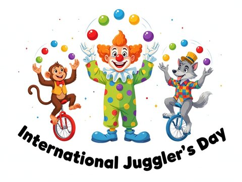 International jugglers day celebration with a clown, monkey, and wolf juggling colorful balls isolated on white background