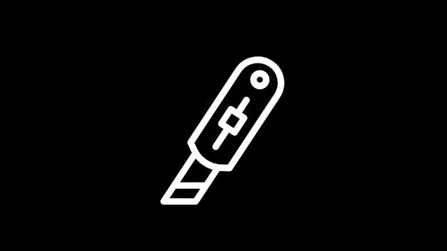 Simple white line art icon of a utility knife on a black background