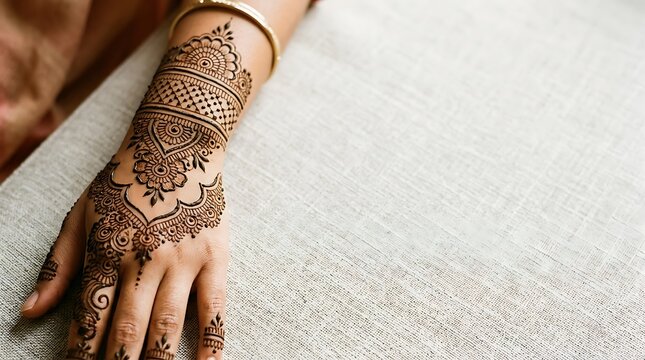 Intricate henna pattern on a woman hand over neutral background