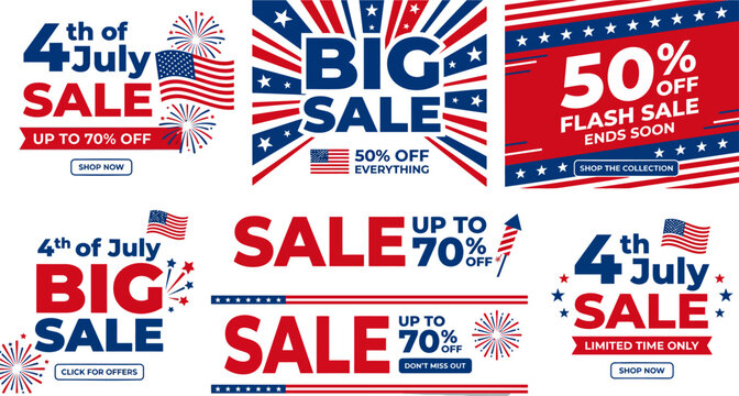 USA Independence Day big sale set. American patriotic promotion banner collection with a discount offer and price tag for 250 years 1776 to 2026 shopping design.