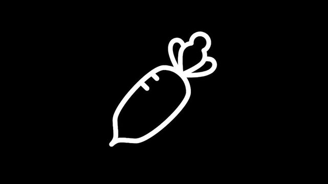 Simple white line drawing of a radish on a black background