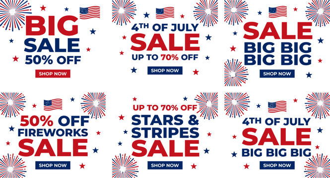 Fourth of July sale banner set. American patriotic discount promotion collection with a big sale offer and fireworks for 250 years 1776 to 2026 USA shopping design.