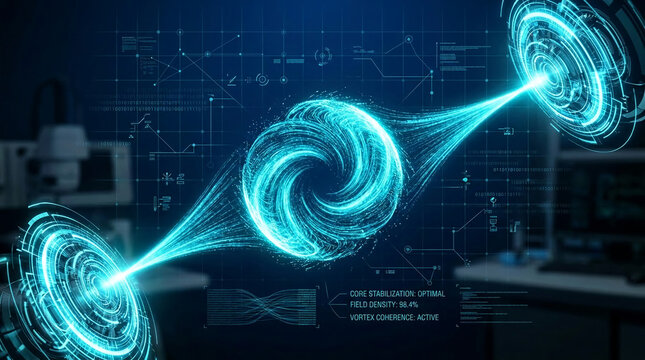 Futuristic digital vortex with data stream and abstract graphic elements, representing advanced technology, scientific innovation, and data visualization