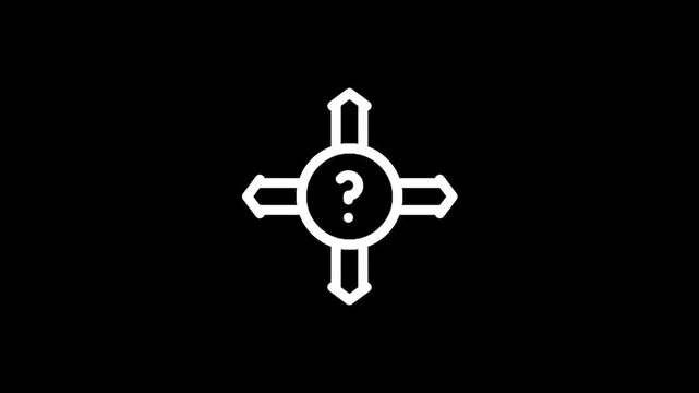 Question mark in a circle with arrows pointing in four directions, representing choices