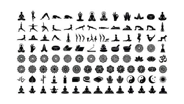 Comprehensive collection of yoga poses meditation symbols and spiritual icons.
