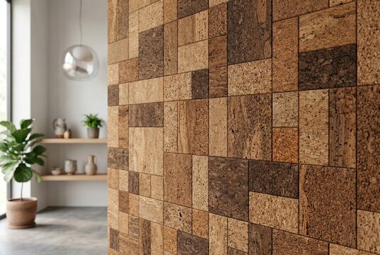 Geometric cork wall cladding texture composed of natural brown rectangular blocks