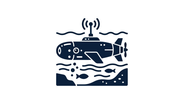 Black and white icon of a submarine underwater with antenna signal.