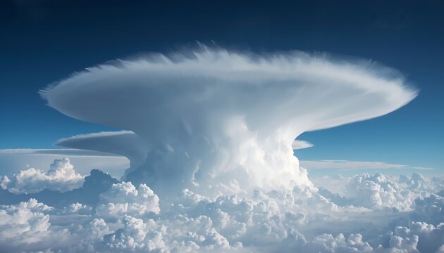 A massive cumulonimbus cloud with a distinct anvil top rising high above a layer of smaller cumulus clouds in a deep blue sky