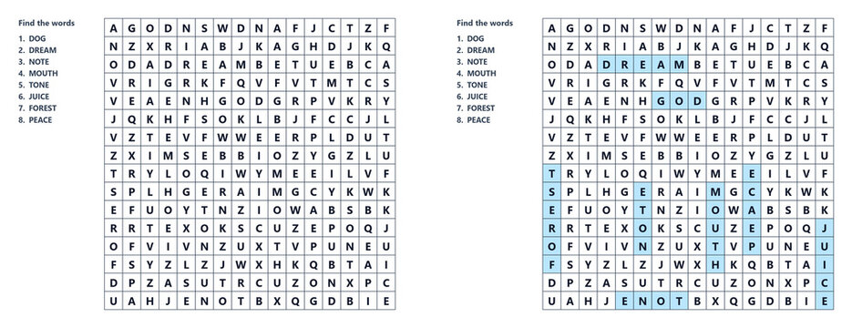 Word seek puzzle sheet with highlighted answers and letters  