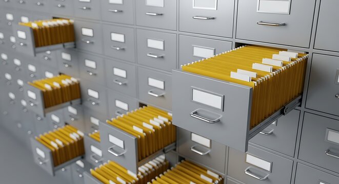 Numerous metal filing cabinets with open drawers full of yellow folders, symbolizing data organization and archiving.