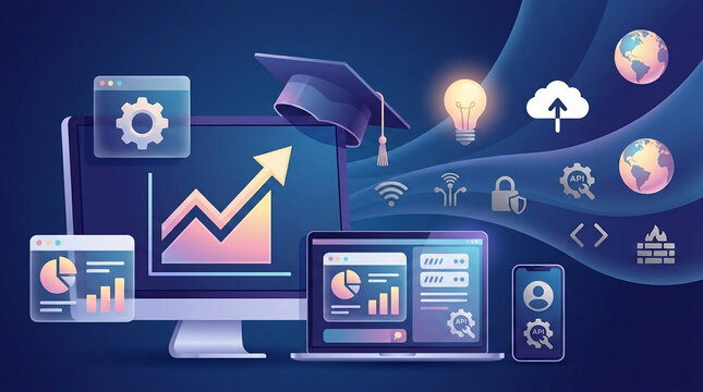 Digital illustration showcasing devices with charts and icons, symbolizing education, technology, and global connectivity, with a graduation cap.