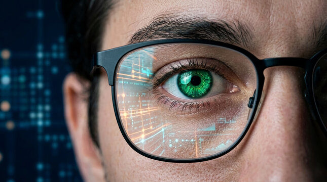 Close-up of a green eye through eyeglasses displaying digital code and network, symbolizing digital vision, data analysis, and technology observation