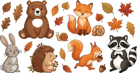 Cute Autumn Woodland Forest Animal Clipart Vector Set with Cartoon Bear Fox Raccoon Squirrel Rabbit Hedgehog and Falling Maple Leaves for Thanksgiving Designs © Ismail