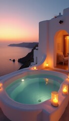 Obraz premium Luxury hot tub sits on cliff edge, overlooking ocean at sunset. Candles glow warmly around water, creating romantic ambiance. Buildings reflect pink sky colors.