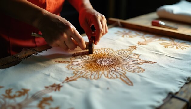 Hands apply wax resist dye to fabric creating floral pattern. Artisan uses tool on cloth with ornamental flower design. Traditional craft process, textile art, homemade decoration.
