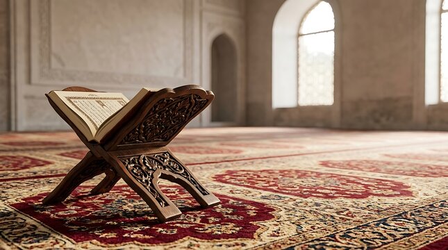 Holy book on carved wooden stand inside a peaceful mosque
