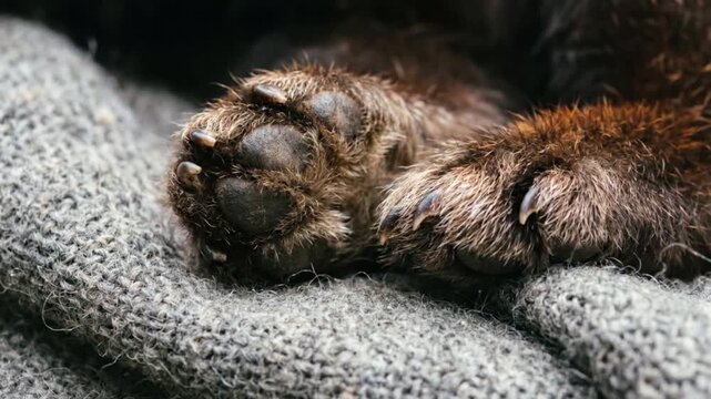 Otter paws close up on grey blanket
