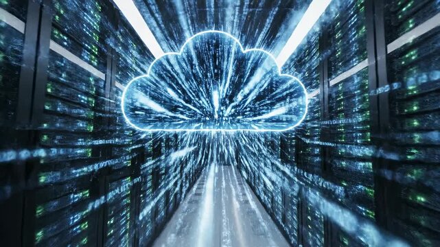 A long computer server room aisle with rows of illuminated racks and a digital cloud graphic symbolizing data storage and cloud computing, technology concept