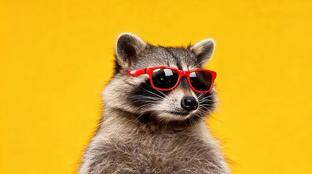 Cool raccoon wearing red sunglasses on yellow background, funny animal portrait. Quirky wildlife character with stylish glasses, humorous nature animation