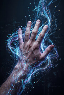 Mano umana circondata da flussi luminosi astratti che evocano energia digitale e intelligenza artificiale. Immagine simbolo di connessione, tecnologia avanzata e interazione uomo‑AI.