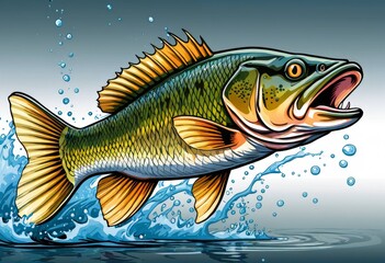 Fototapeta premium Black bass fishing art with intense water splashes and dynamism