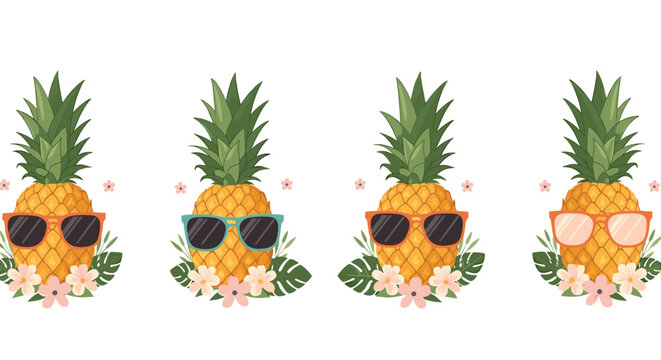 Row of four colorful pineapples wearing different sunglasses and decorated with tropical flowers and leaves for a fun summer vacation theme.