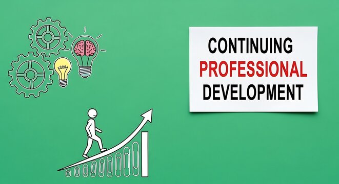 Continuing Professional Development concept, career growth and skills improvement icons on green background, business education and lifelong learning