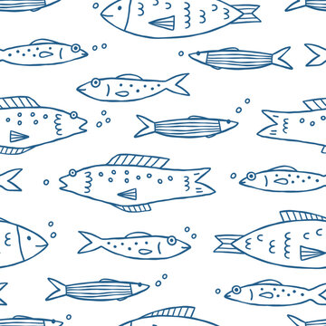 Hand-drawn fish pattern on a white background.