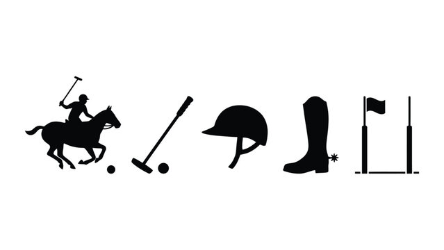 Set of silhouettes representing polo sport equipment and player.