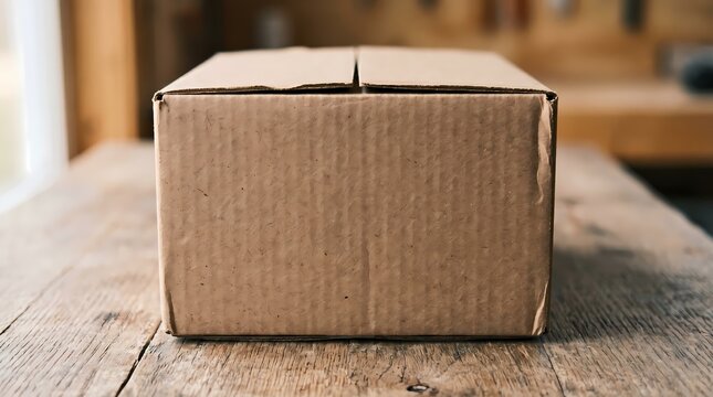 A simple, unmarked cardboard box resting on a rustic wooden surface, symbolizing new beginnings, potential, or the anticipation of a delivery