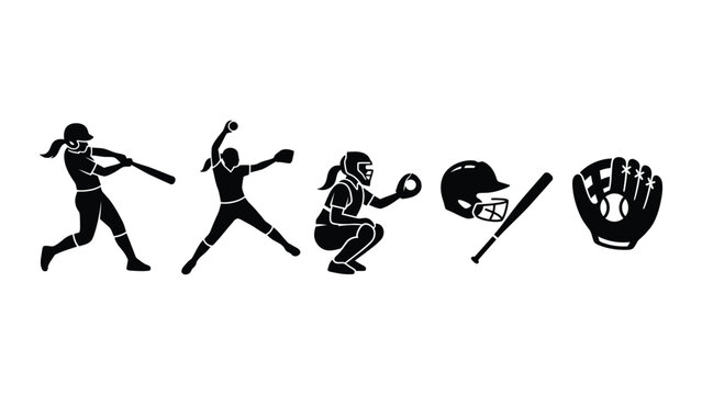 Black and white silhouette set of softball player actions and equipment.