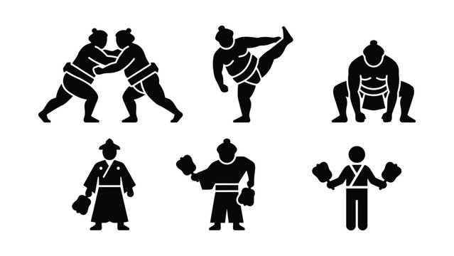 Set of Sumo Wrestling Icons and Japanese Referee Silhouettes.
