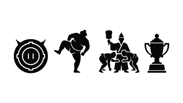 Sumo wrestling black silhouette icon set with ring and trophy.