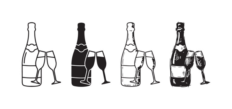 Four Stylized Champagne Bottle and Glasses Icons: Line Art, Silhouette, Etching, and Doodle Sketch