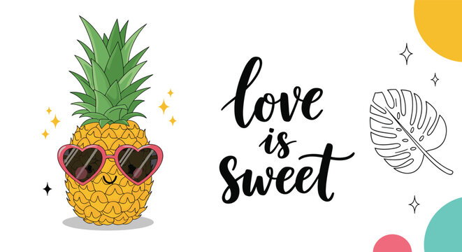 Cool pineapple wearing heart shaped sunglasses is paired with the handwritten text love is sweet for a fun tropical themed card.