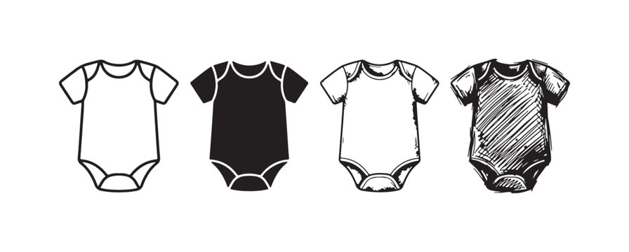 Collection of four short-sleeved baby bodysuit icons, featuring outline, solid black, hand-drawn sketch, and distressed textured visual styles.