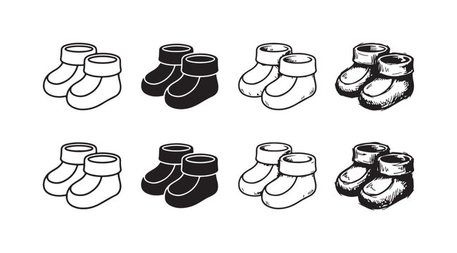 Set of baby booties icons in various styles, including outline, solid, and hand-drawn sketch versions, arranged in two rows.